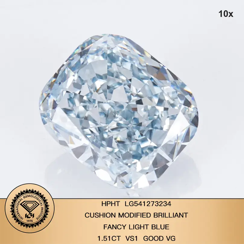 Cuscino da 1,5 ct di blu chiaro vs1 Hpht Diamond Lab Crown Diamond IGI Certificato 1