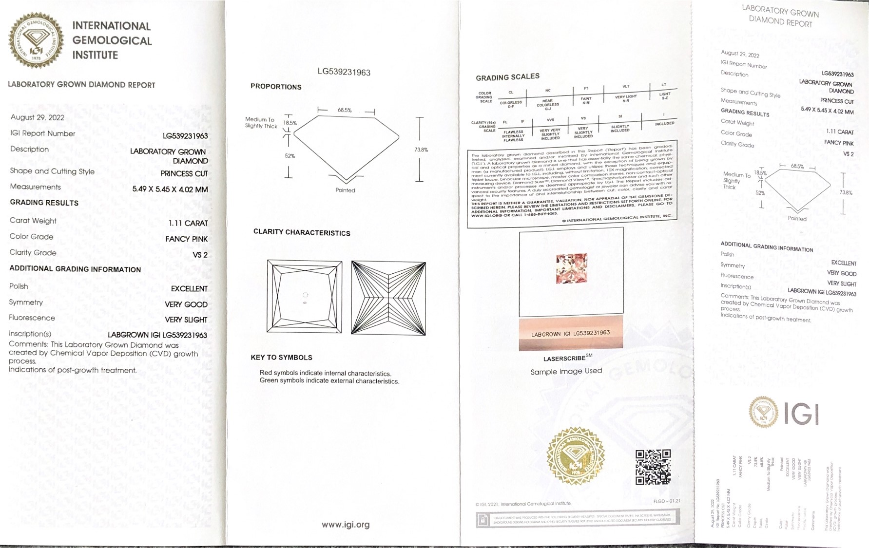 Princess 1.1ct Fancy Pink VS2 CVD Diamond Lab Grown Diamond IGI Certificate 7