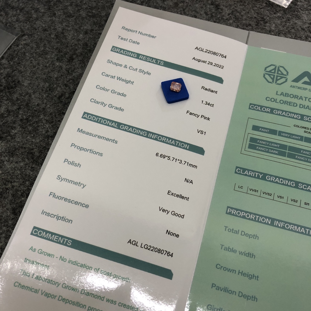 Radiant 1.3ct Fancy Pink VS1 CVD Diamond Lab Grown Diamond AGL Certificate 9