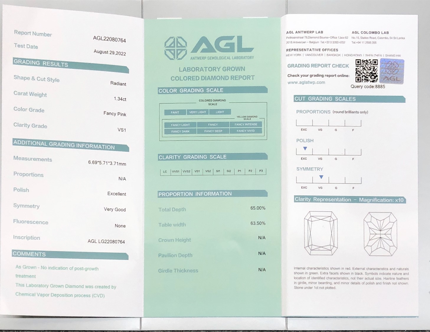 Radiant 1.3ct Fancy Pink VS1 CVD Diamond Lab Grown Diamond AGL Certificate 7