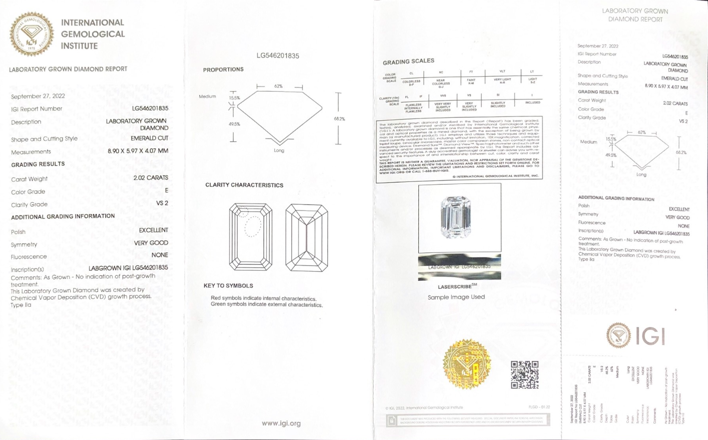 Emerald 2ct E VS2 CVD Diamond Lab Grown Diamond IGI Certificate 3