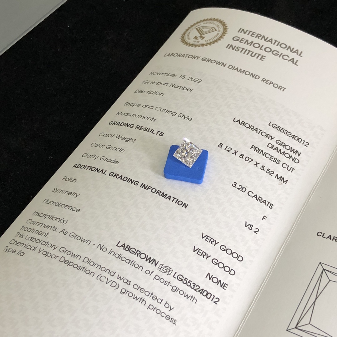 Princess 3.2ct F VS2 CVD Diamond Lab Grown Diamond IGI Certificate 7