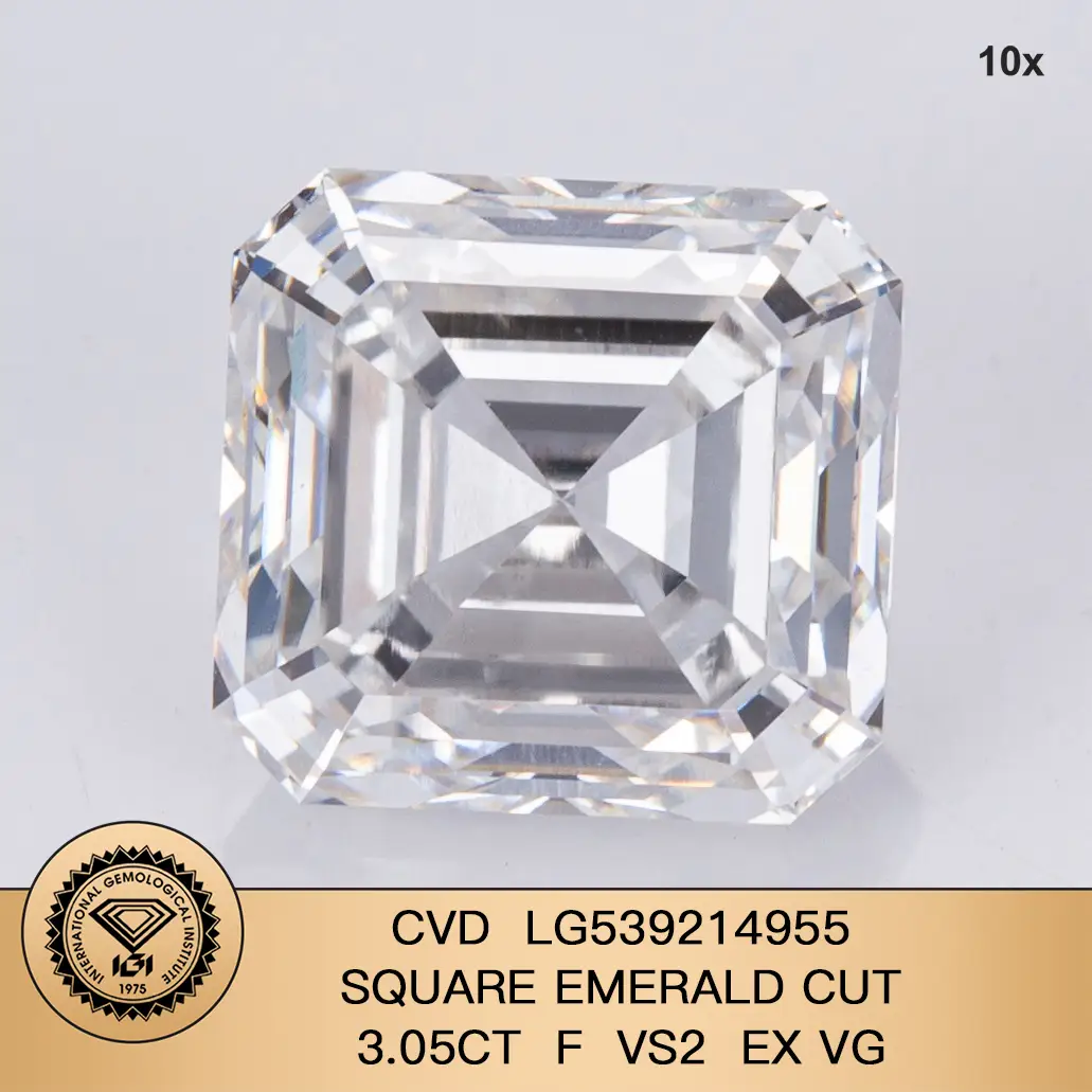 Smeraldo quadrato 3ct F vs2 CVD Diamond Lab Crown Diamond IGI Certificato 1