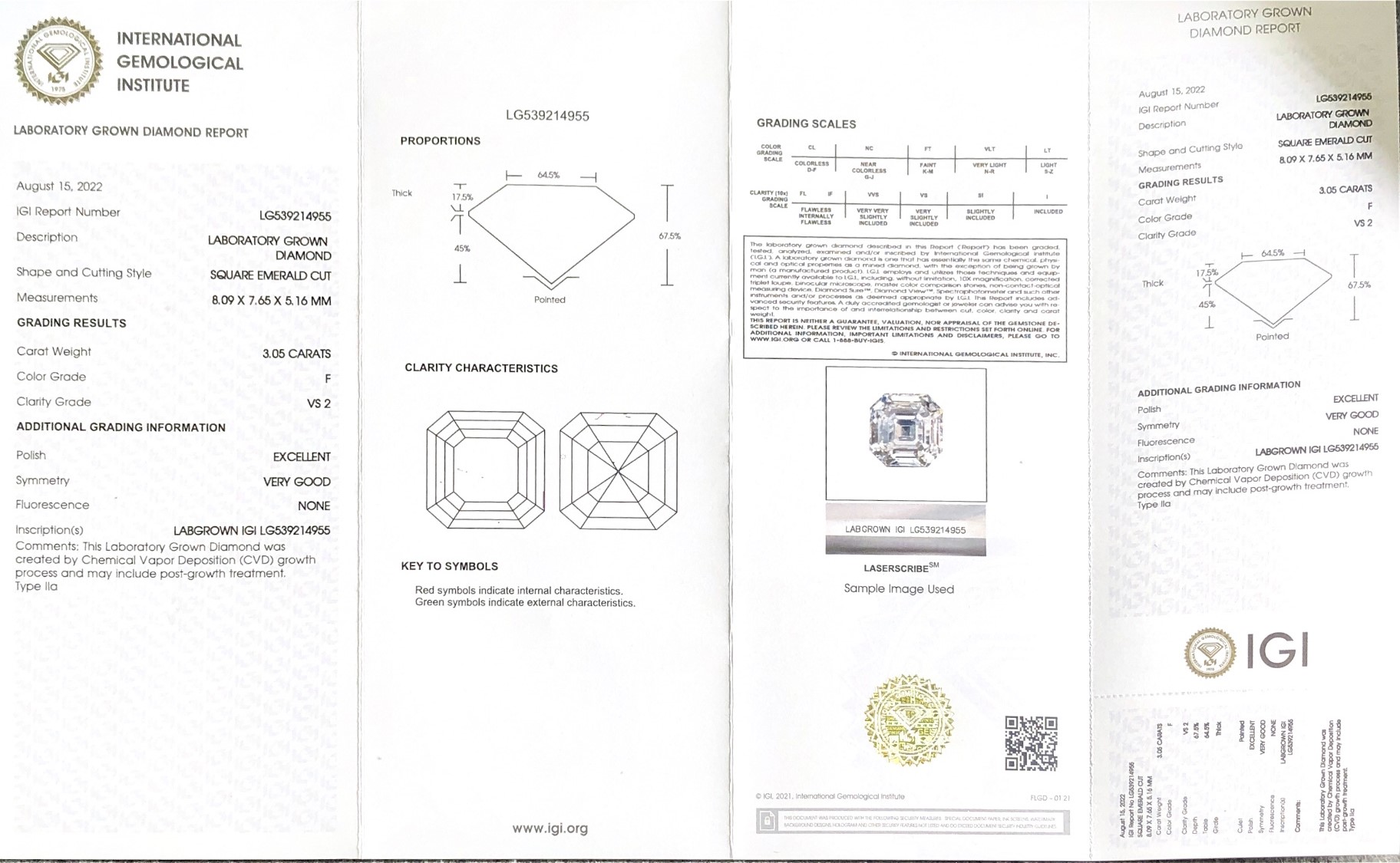 Square Emerald 3ct F VS2 CVD Diamond Lab Grown Diamond IGI Certificate 7