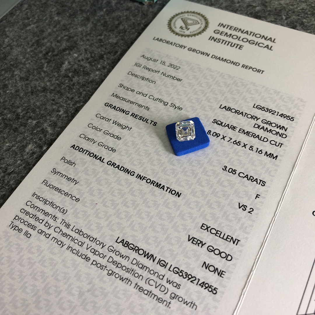 Square Emerald 3ct F VS2 CVD Diamond Lab Grown Diamond IGI Certificate 9