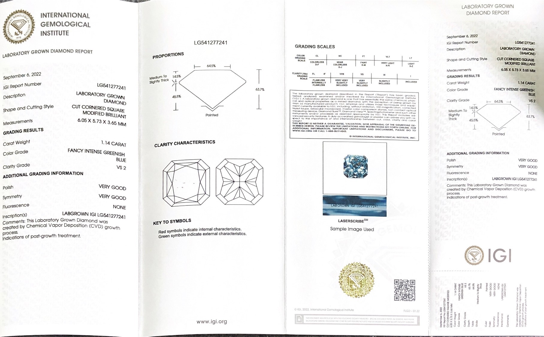 Cut Cornered Square 1.1ct Fancy Intense Greenish Blue VS2 CVD Diamond Lab Grown Diamond IGI Certificate 7