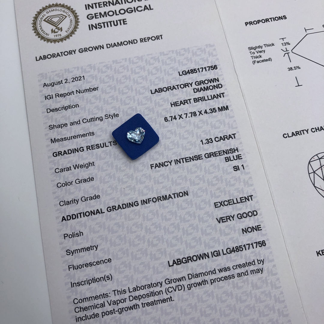 Heart 1.3ct Fancy Intense Greenish Blue SI1 CVD Diamond Lab Grown Diamond IGI Certificate 9
