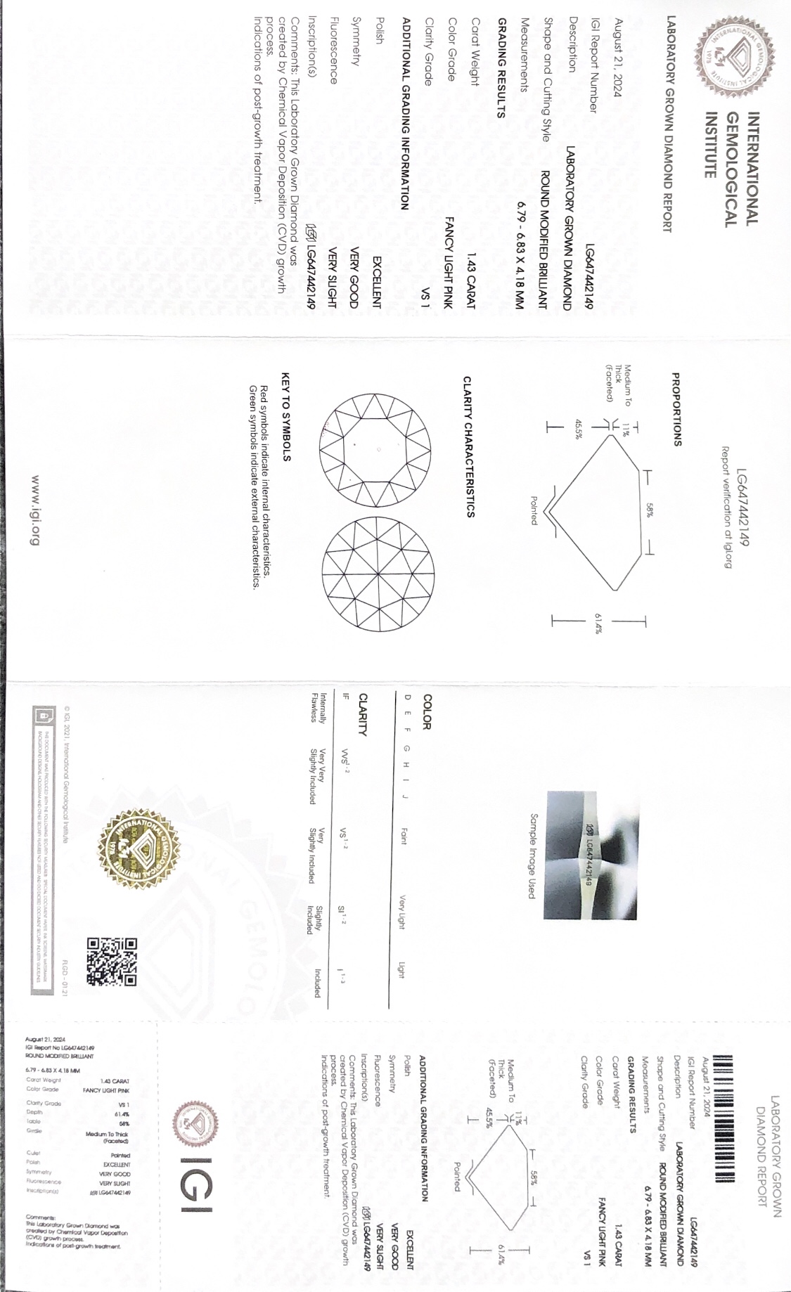 Round shape  1.43carat Fancy Light Pink VS1 EX VG VG CVD Lab Grown Diamond 8