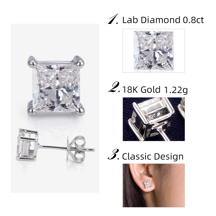 Messi Jewelry - Messi Jewelry Woman 18K White Gold 0.8ct FG VS Square Princess Cut Lab Grown Diamond Stud Earrings Earrings 9