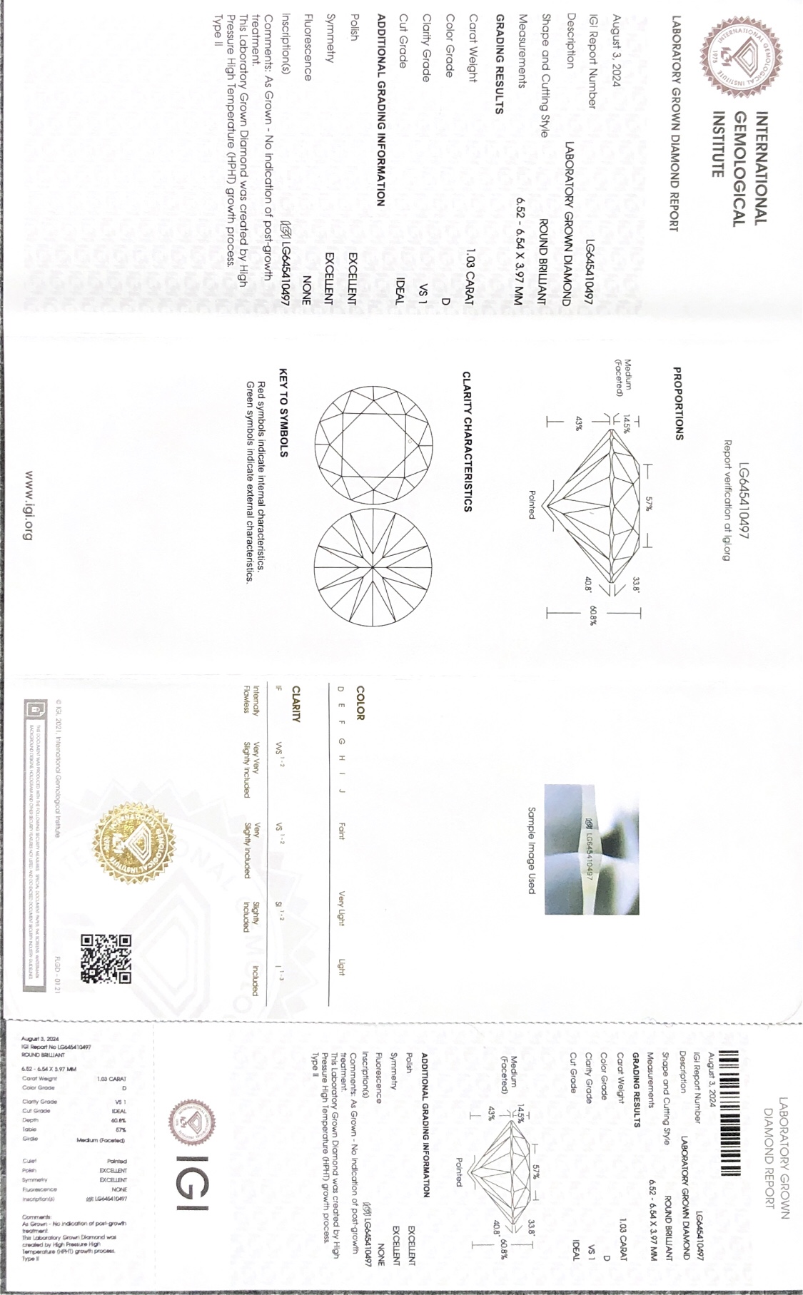 IGI Round Lab Grown Diamond HPHT LG645410497 1.03CT D VS1 ID EX EX 7