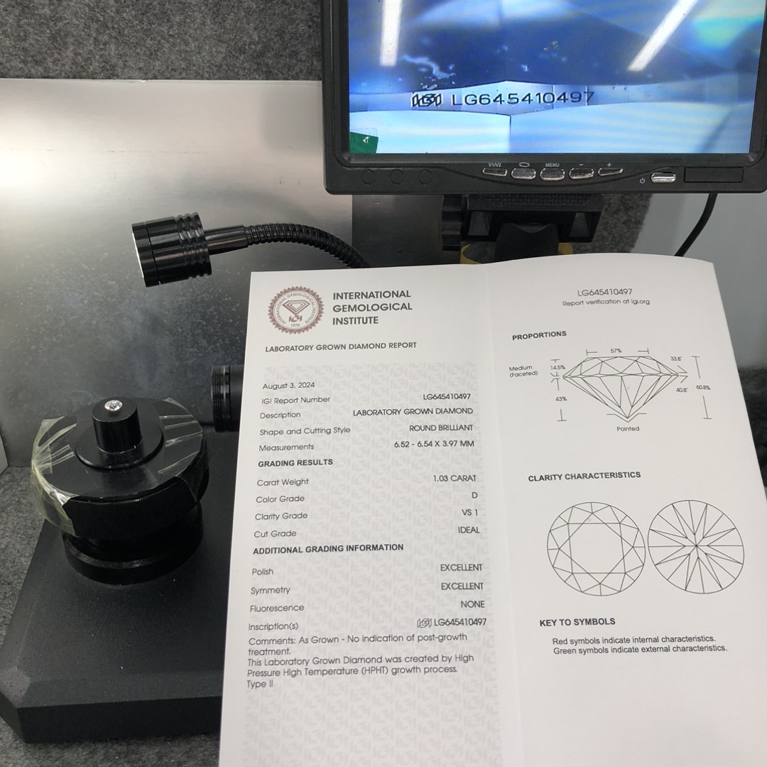 IGI Round Lab Grown Diamond HPHT LG645410497 1.03CT D VS1 ID EX EX 11