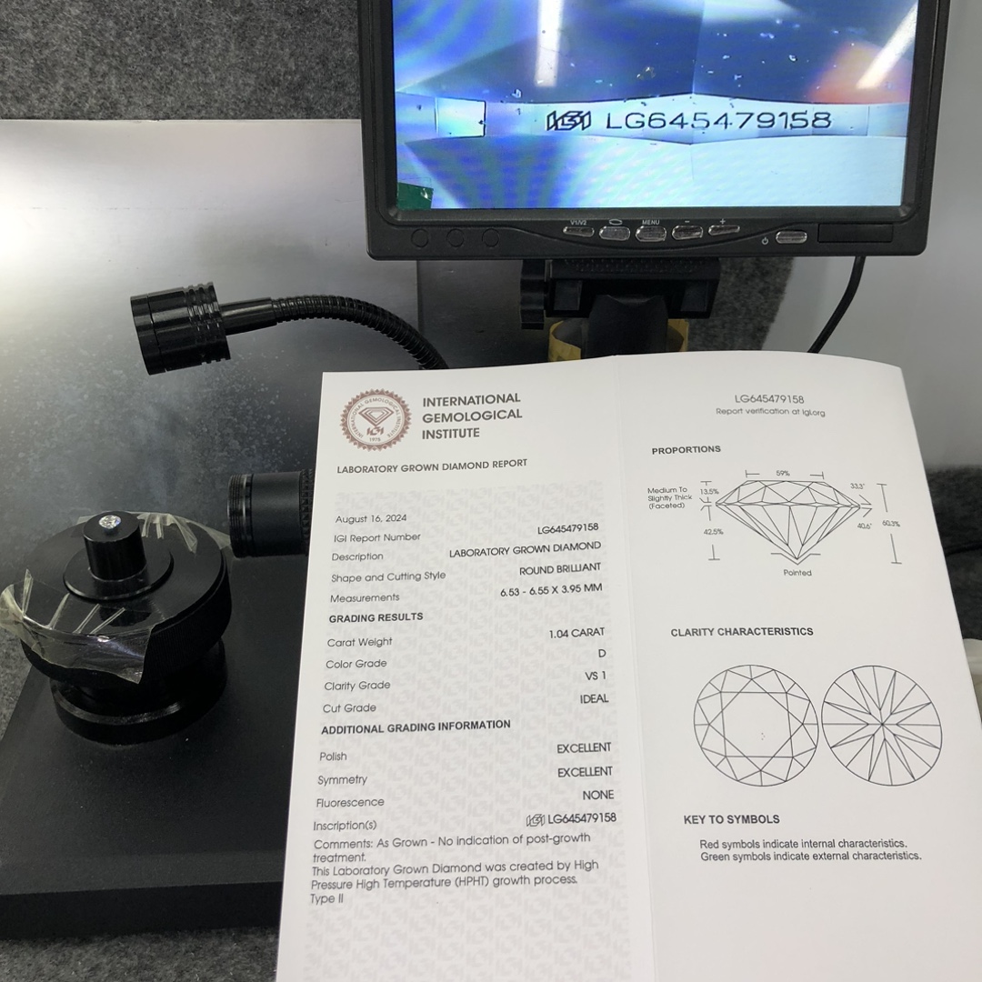Lab Grown Diamond IGI HPHT LG645479158 RD 1.04CT D VS1 ID EX EX 11