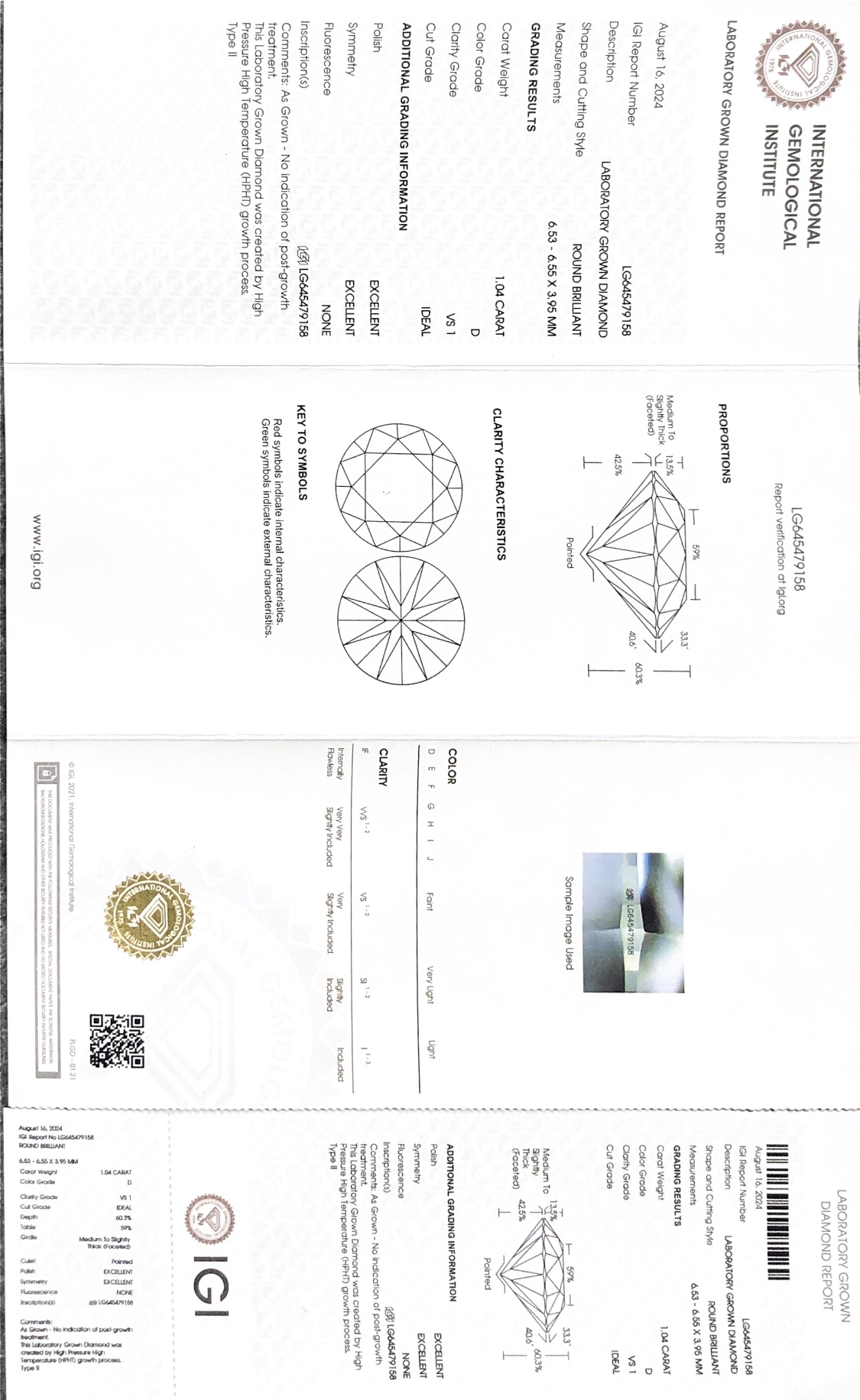 Lab Grown Diamond IGI HPHT LG645479158 RD 1.04CT D VS1 ID EX EX 7