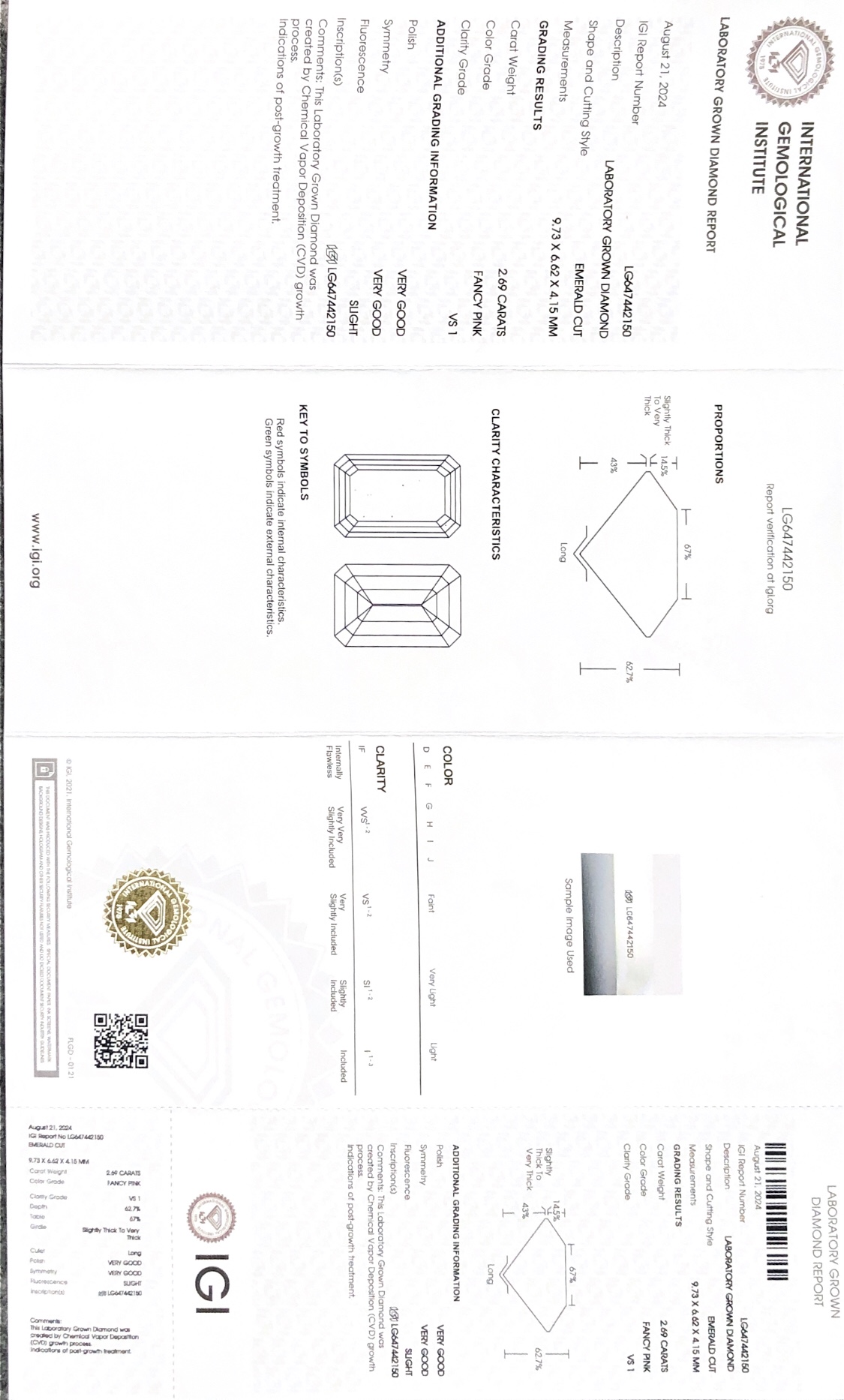 Fancy Shape CVD LG647442150 Emerald Cut Fancy Pink 2.69CT VS1 VG VG Uban sa IGI Certificate 8