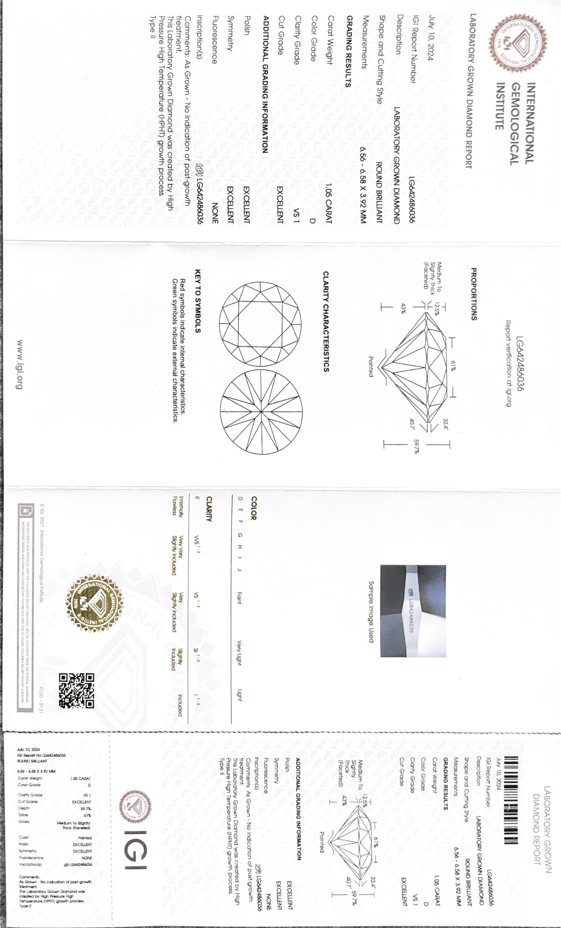 Round IGI Lab Grown Diamond HPHT LG642486036 1.05CT D VS1 3EX 7