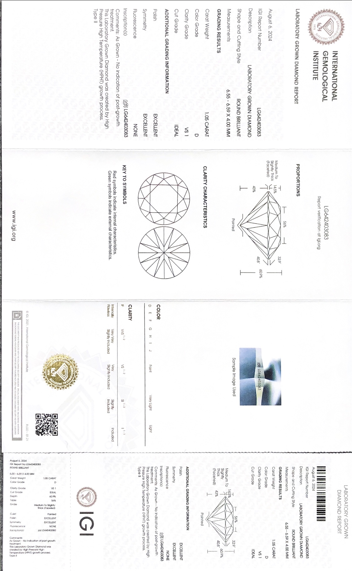 Lab Grown Diamond IGI Pusingan HPHT LG642403083 1.05CT D VS1 ID EX EX 7