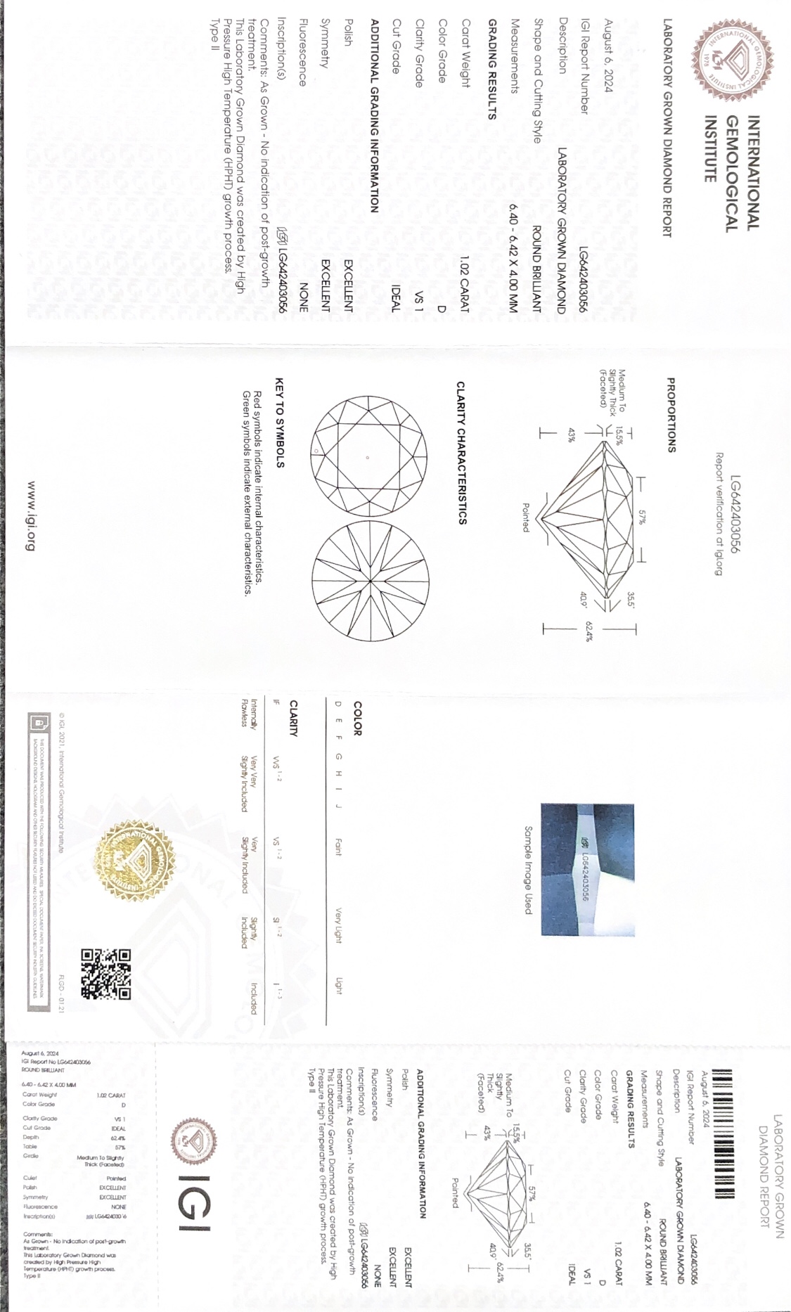 IGI Lab Grown Diamond HPHT LG642403056 Round 1.02CT D VS1 ID EX EX 7
