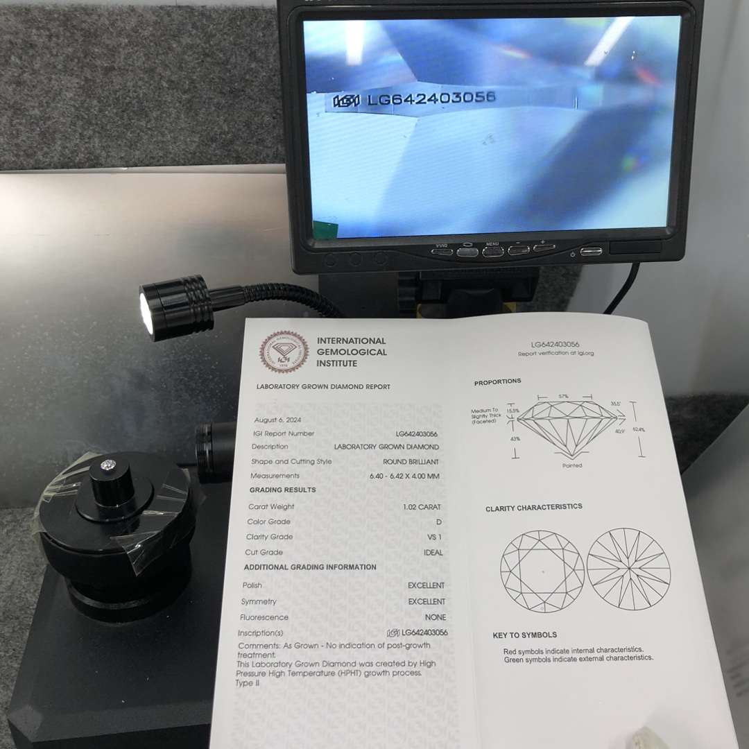 IGI Lab Grown Diamond HPHT LG642403056 Round 1.02CT D VS1 ID EX EX 11