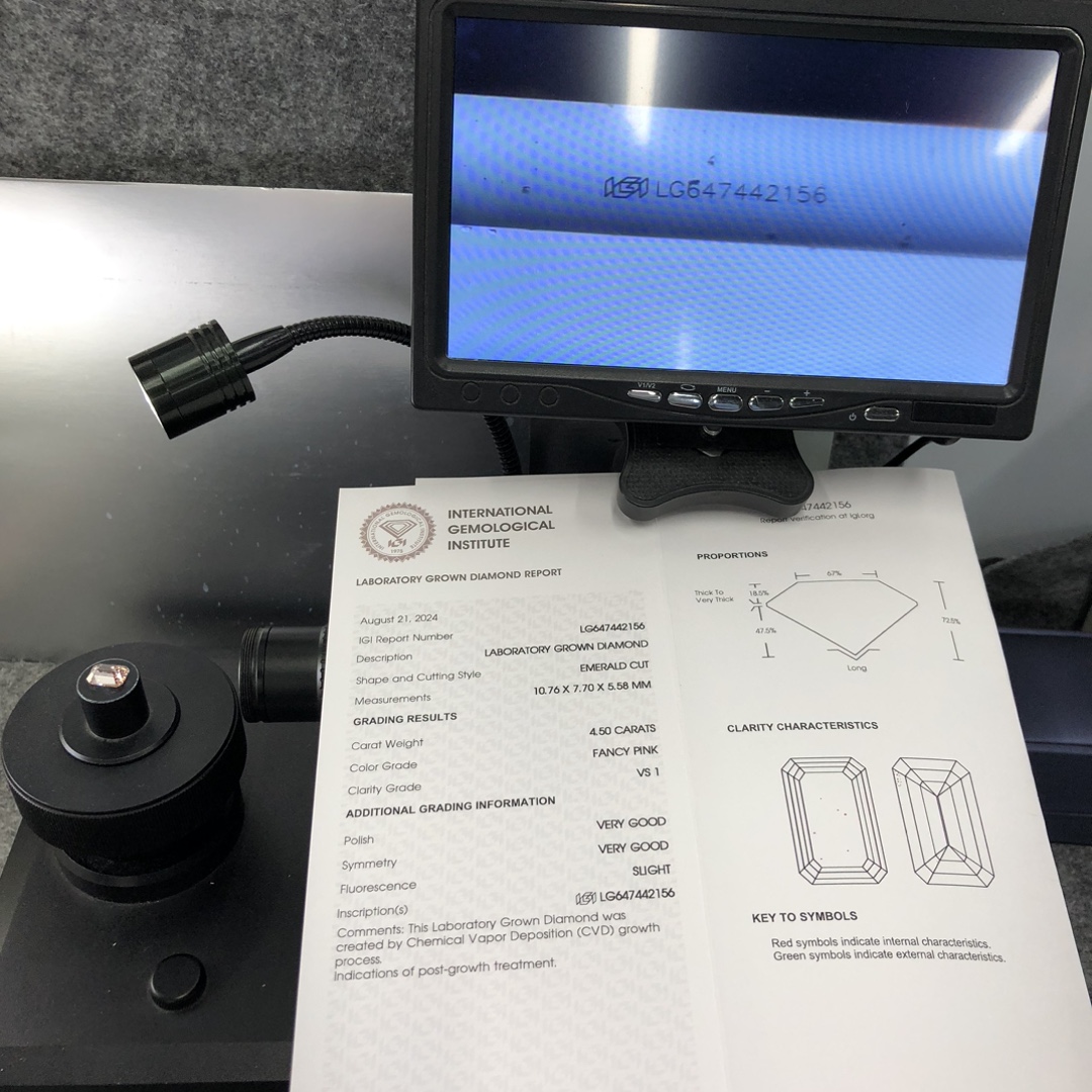 Emerald Cut Fancy Pink Lab Grown Diamond CVD LG647442156 4.50CT VS1 VG VG 12