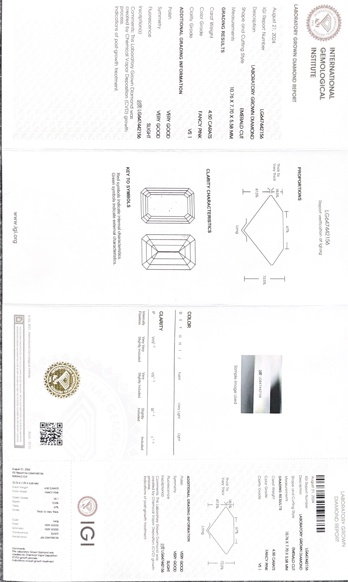 Emerald Cut Fancy Pink Lab Grown Diamond CVD LG647442156 4.50CT VS1 VG VG 8