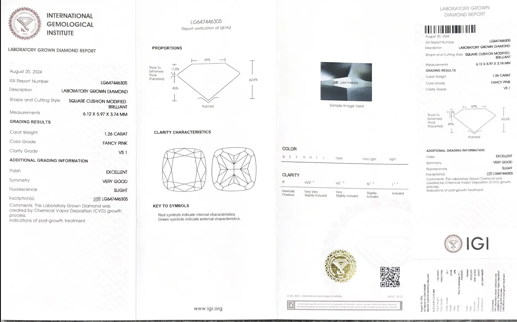 IGI Certified Pink Cushion Lab Diamond 1.26CT 2