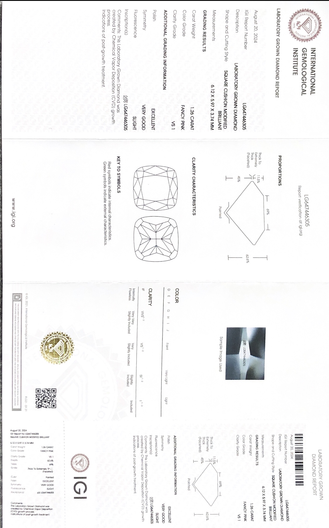 IGI certificate Fancy Pink Square Cushion Modified Brilliant 1.26CT VS1 EX VG Lab Grown Diamond 8