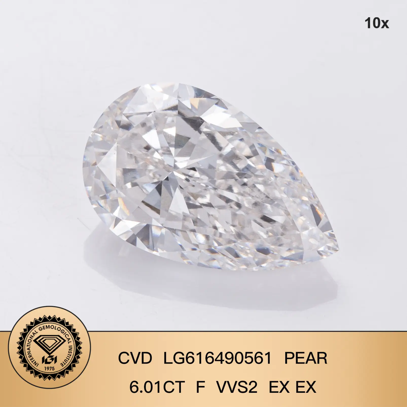 Messi Jewelry LG616490561 Special Shape Pear Cut 6CT F VVS2 ex ex Lab Grown Diamond Igi 1