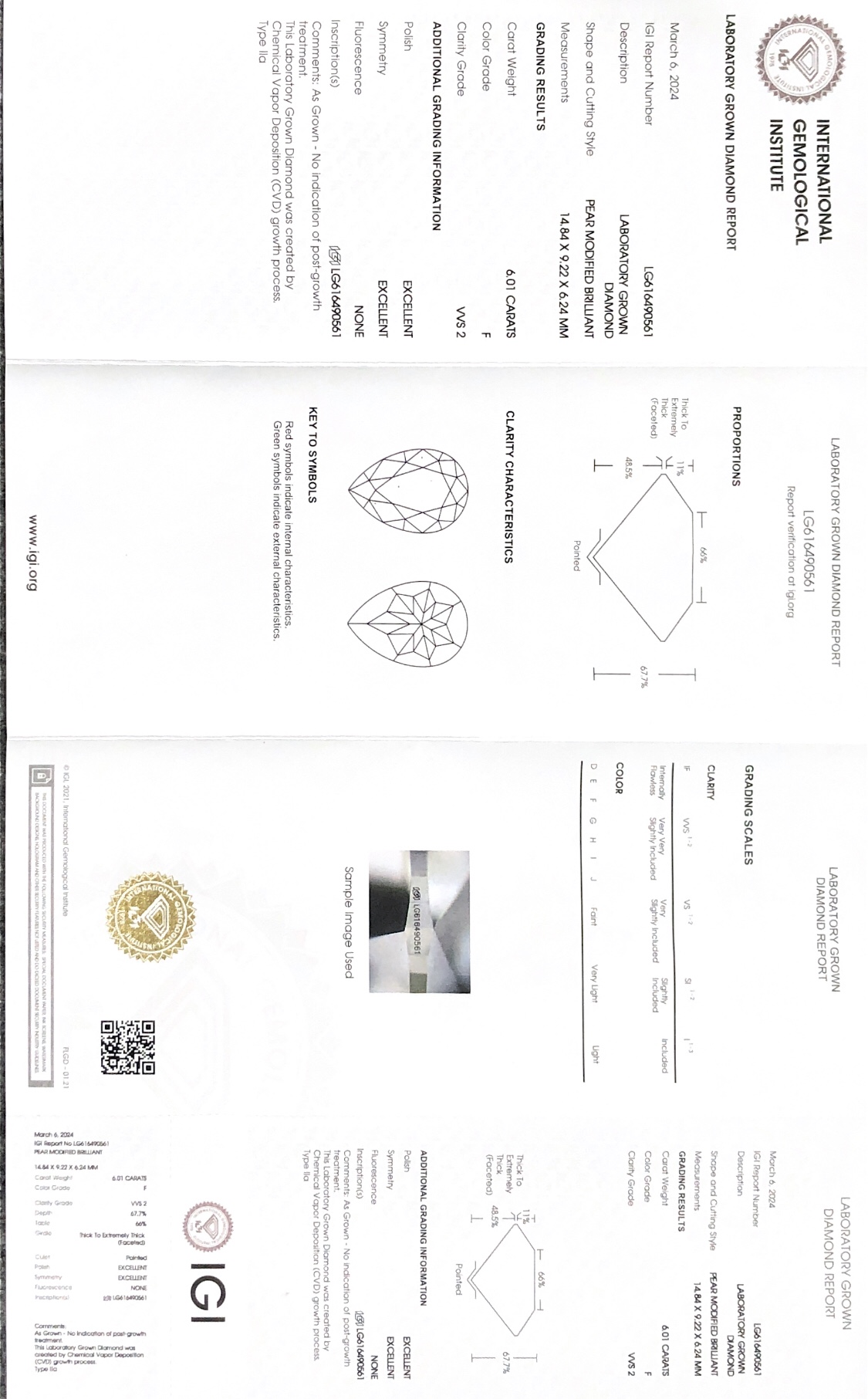 Messi Alahas LG616490561 Espesyal nga Hugis Pear Cut 6CT F VVS2 EX EX Lab Gitubo nga Diamond IGI 9