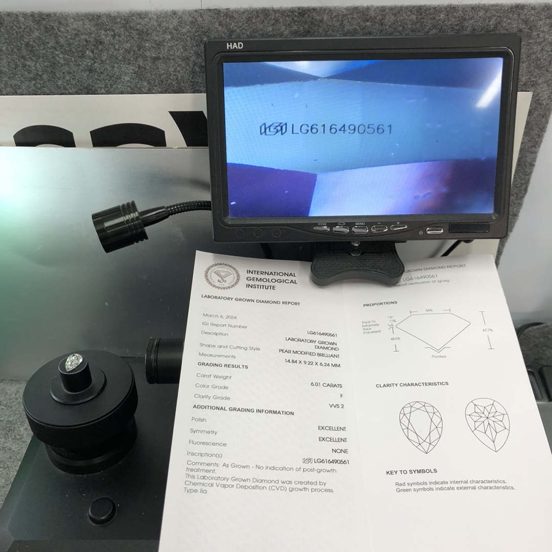 Messi Alahas LG616490561 Espesyal nga Hugis Pear Cut 6CT F VVS2 EX EX Lab Gitubo nga Diamond IGI 13