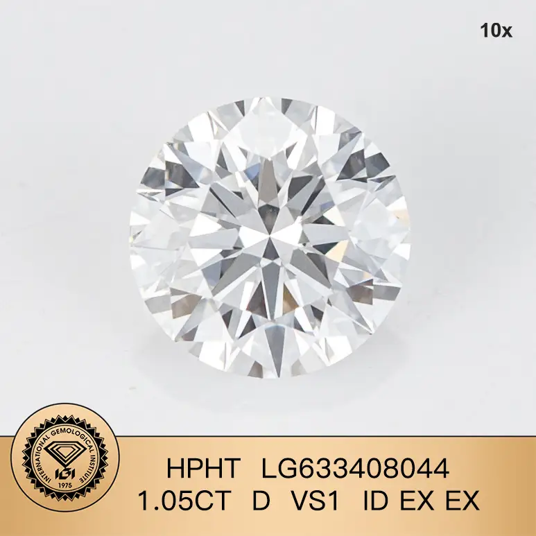 Lab Grown Diamond IGI HPHT LG633408044 RD 1,05CT D VS1 ID EX EX 1