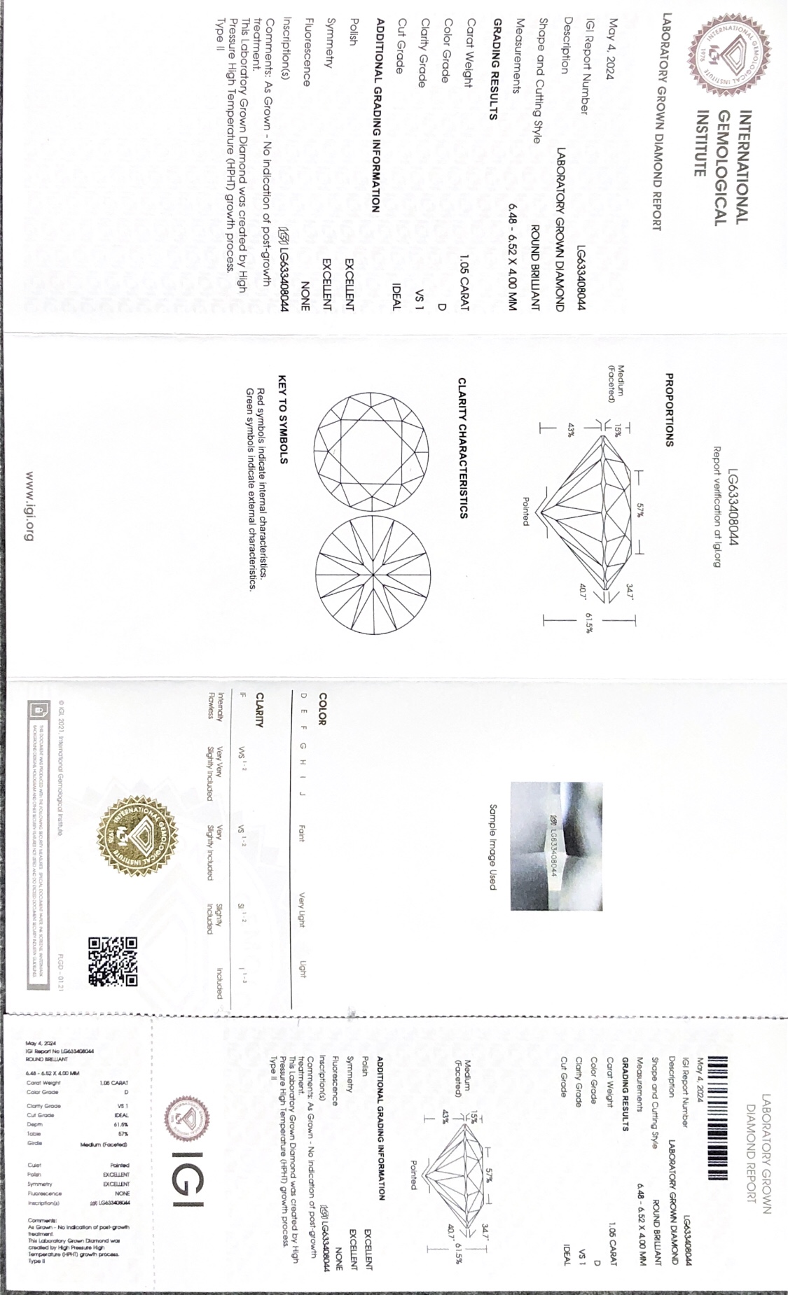 Berlian Tumbuh Makmal IGI HPHT LG633408044 RD 1.05CT D VS1 ID EX EX 7