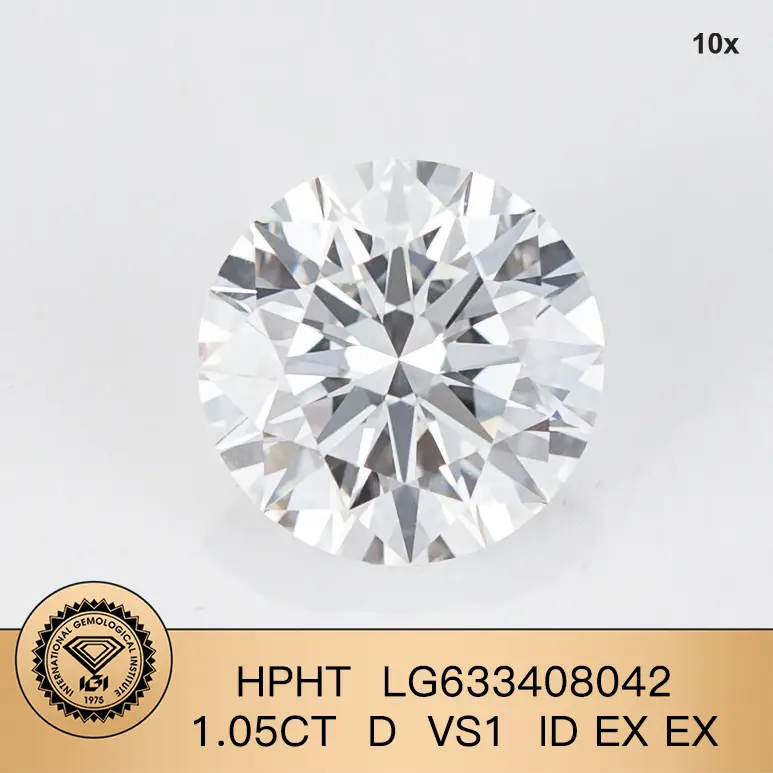 IGI Lab Grown Diamond HPHT LG633408042 RD 1.05CT D VS1 ID ex Ex 1