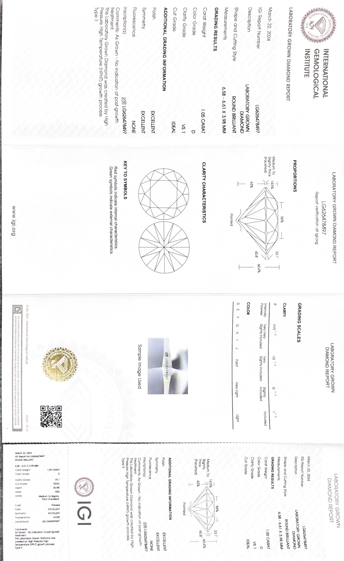Bentuk bulat 1.05karat D VS1 ID EX EX Lab Diamonddengan sijil IGI 7