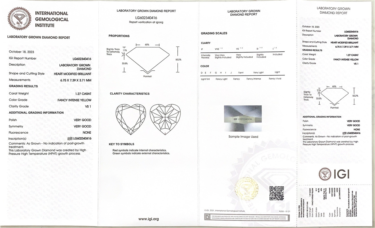 yellow heart lab grown diamond igi