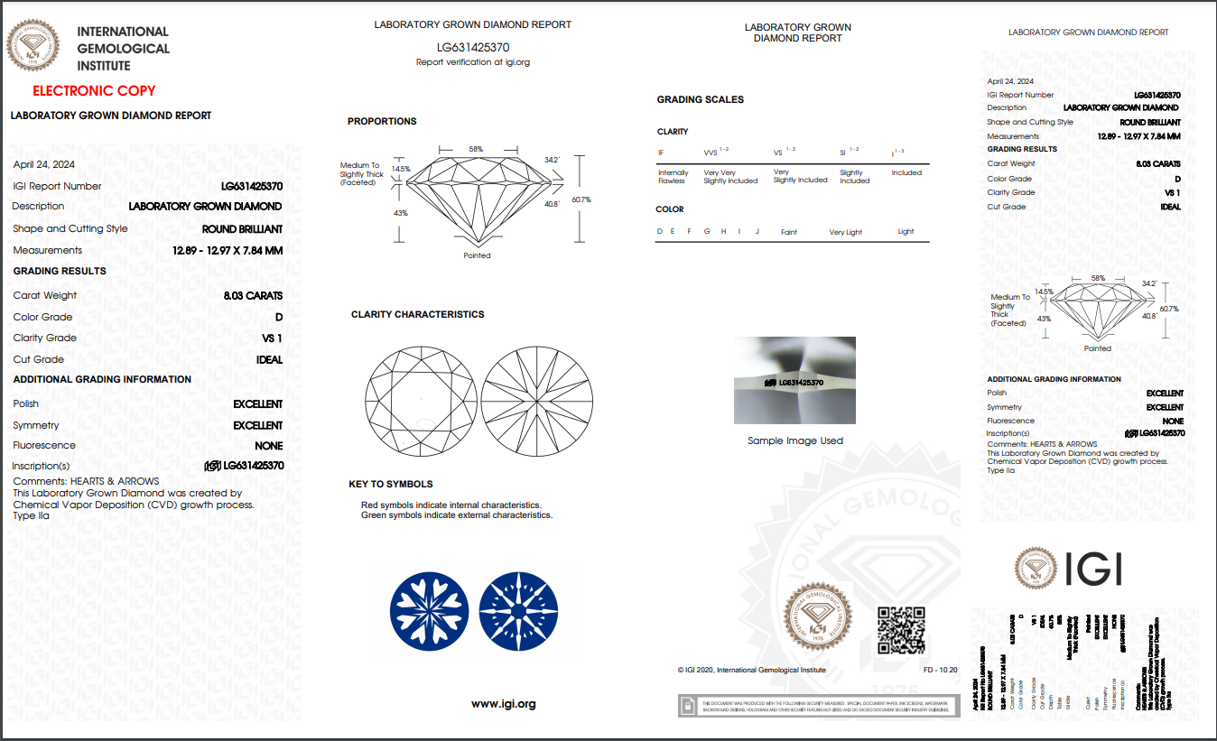 Messi Alahas - Round Brilliant Cut Herat &Arrow 8.30CT D VS1 ID EX EX White Lab Grown Diamond nga adunay sertipiko sa IGI 9