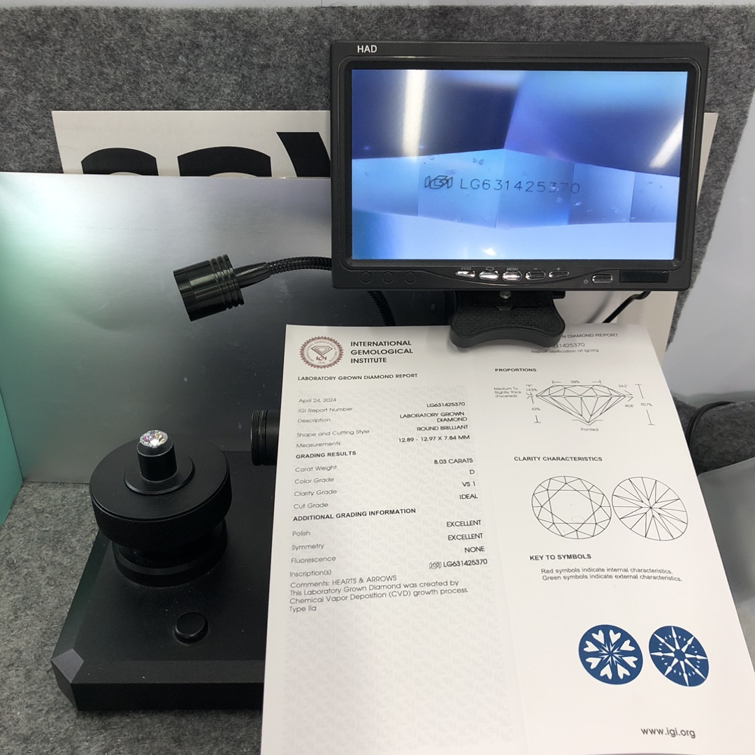 Messi Alahas - Round Brilliant Cut Herat &Arrow 8.30CT D VS1 ID EX EX White Lab Grown Diamond nga adunay sertipiko sa IGI 13