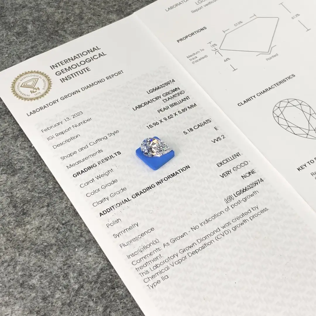 5.18CT Pear Shape E VVS2 Lab Diamond with IGI Certificate 5