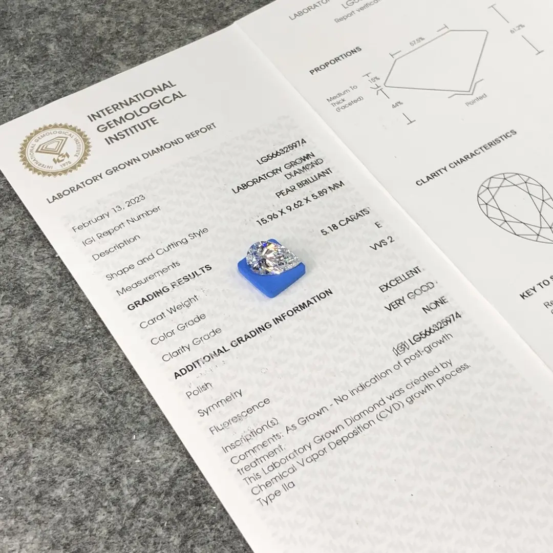 5.18CT Pear Shape E VVS2 Lab Diamond with IGI Certificate 5