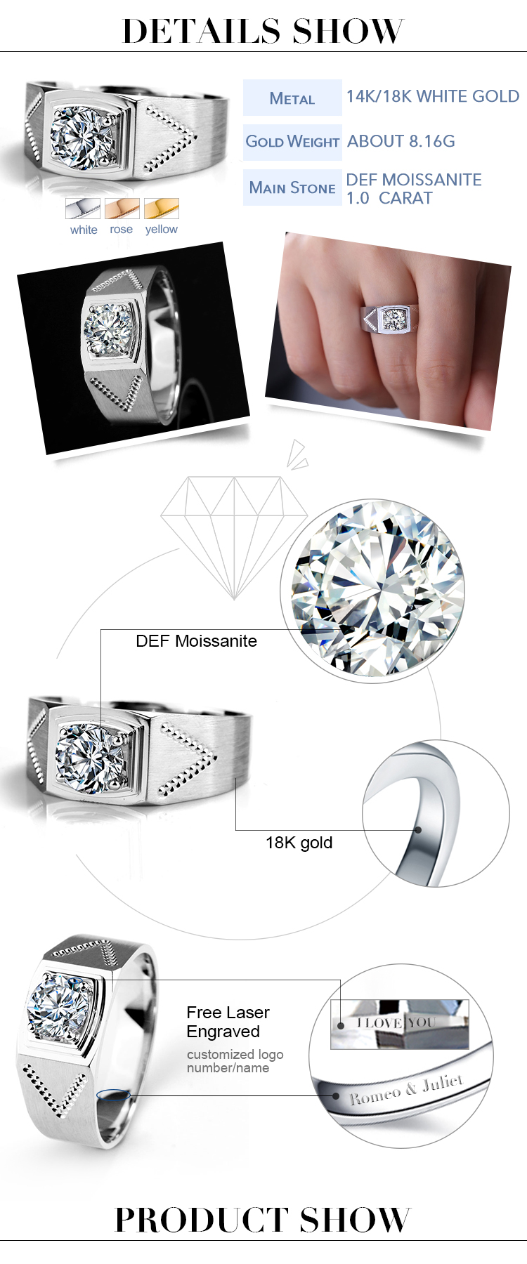 Messi Jewelry - Messi Jewelry 1 carat DEF moissanite diamond 14k 18k white gold rings for men Men Rings 8