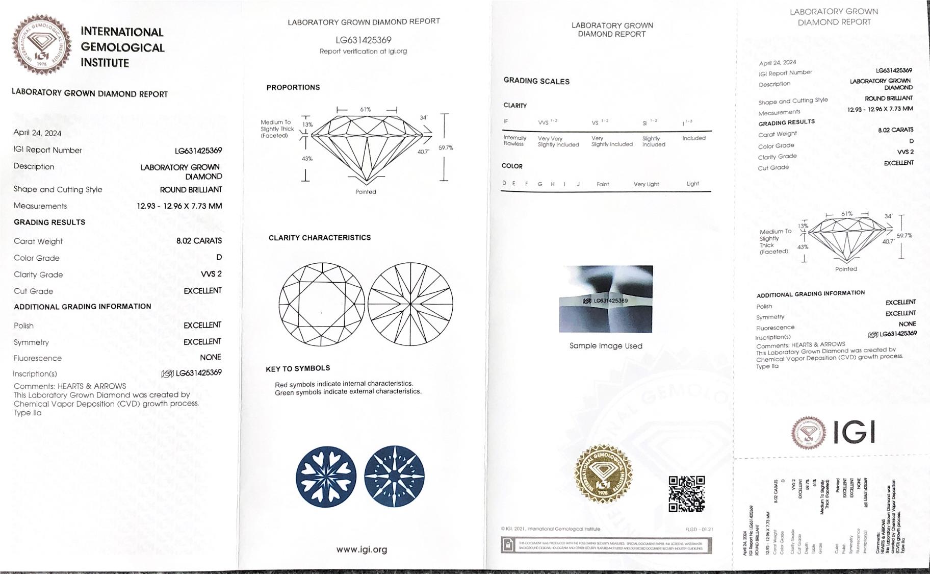 Bentuk bulat D VVS2 Lab Grown Diamond 8.02 Karat CVD dengan Sijil IGI 9