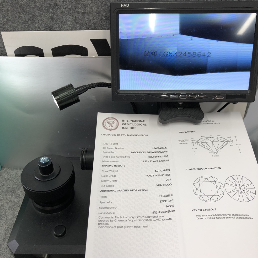 CVD Round Shape Fancy Intense Blue Lab Grown Diamond nga adunay IGI certificate LG632428352 8.67CT E VVS2 ID EX EX 13