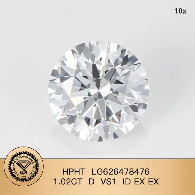 Forma rotonda 1.02ct hpht d vs1 id ex lab diamond 1