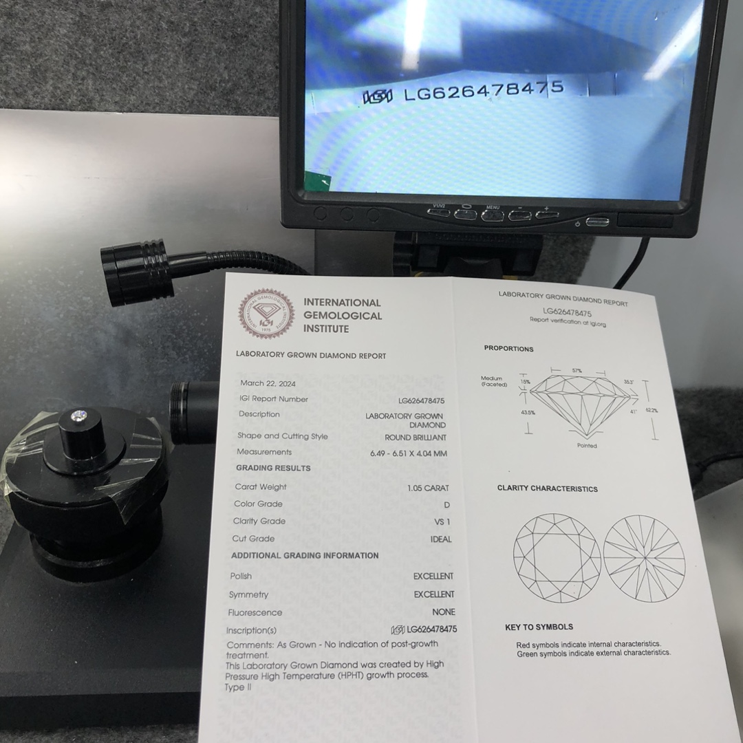 Kilang Berlian Makmal HPHT Bulat Brilliant 1.05CT D VS1 ID EX EX Berlian Makmal dengan sijil IGI 11
