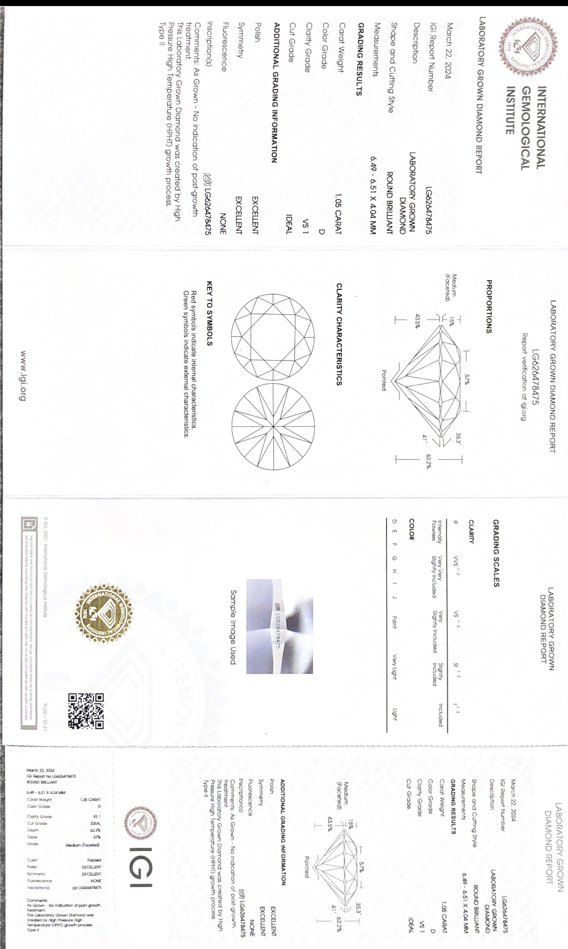 Kilang Berlian Makmal HPHT Bulat Brilliant 1.05CT D VS1 ID EX EX Berlian Makmal dengan sijil IGI 7