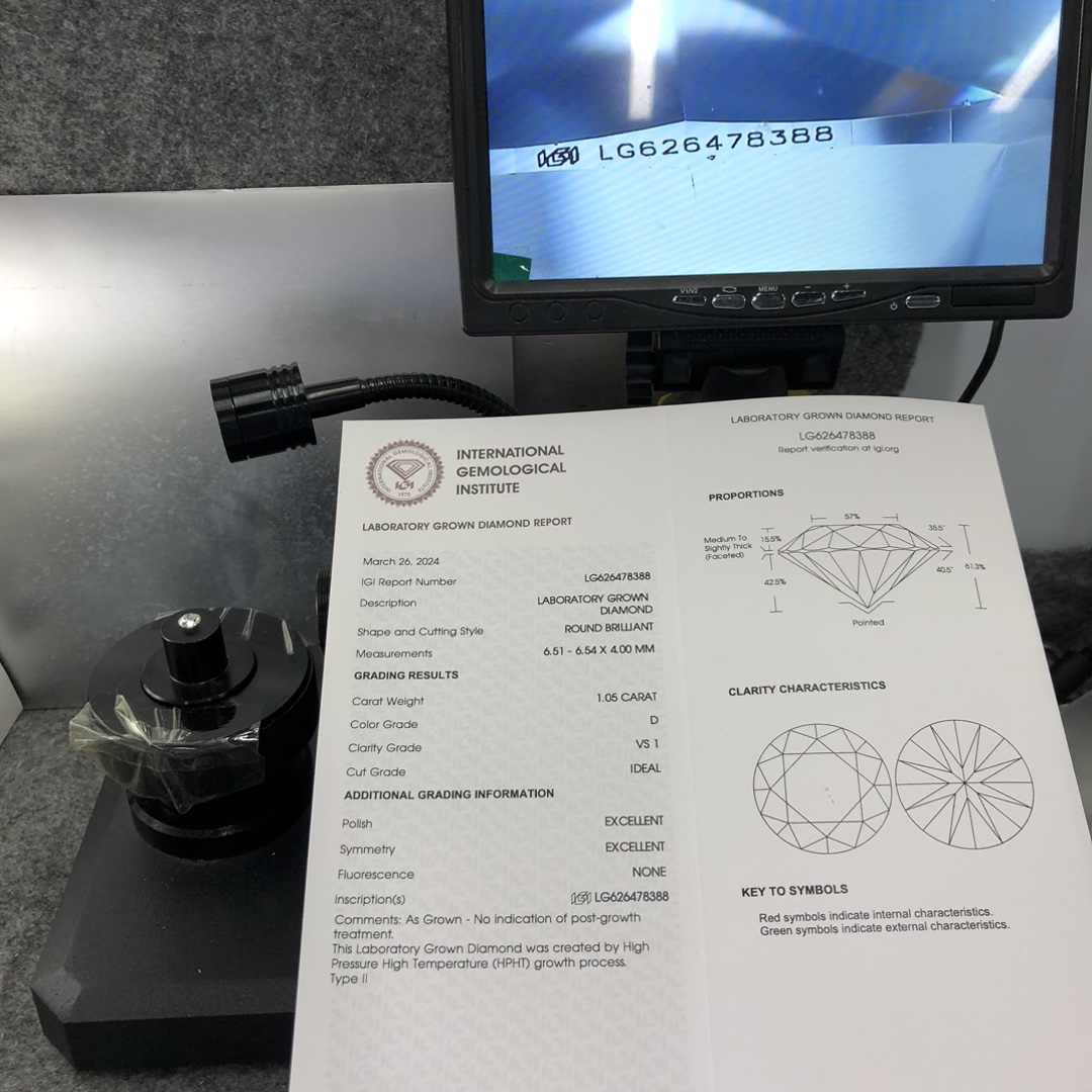 Potongan Cemerlang Bulat LG626478388 HPHT 1.05CT D VS1 ID EX EX Lab Diamond dengan sijil IGI 11