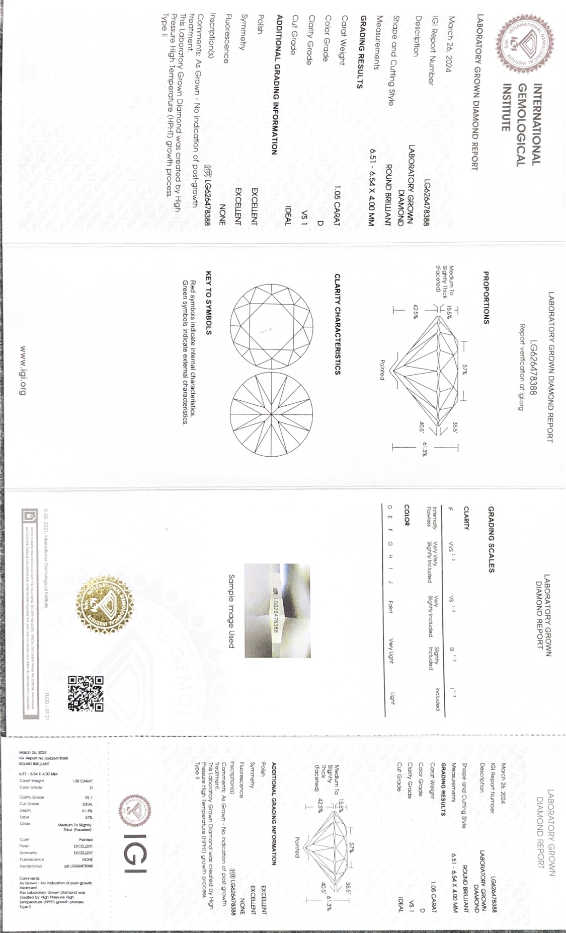 Potongan Cemerlang Bulat LG626478388 HPHT 1.05CT D VS1 ID EX EX Lab Diamond dengan sijil IGI 7