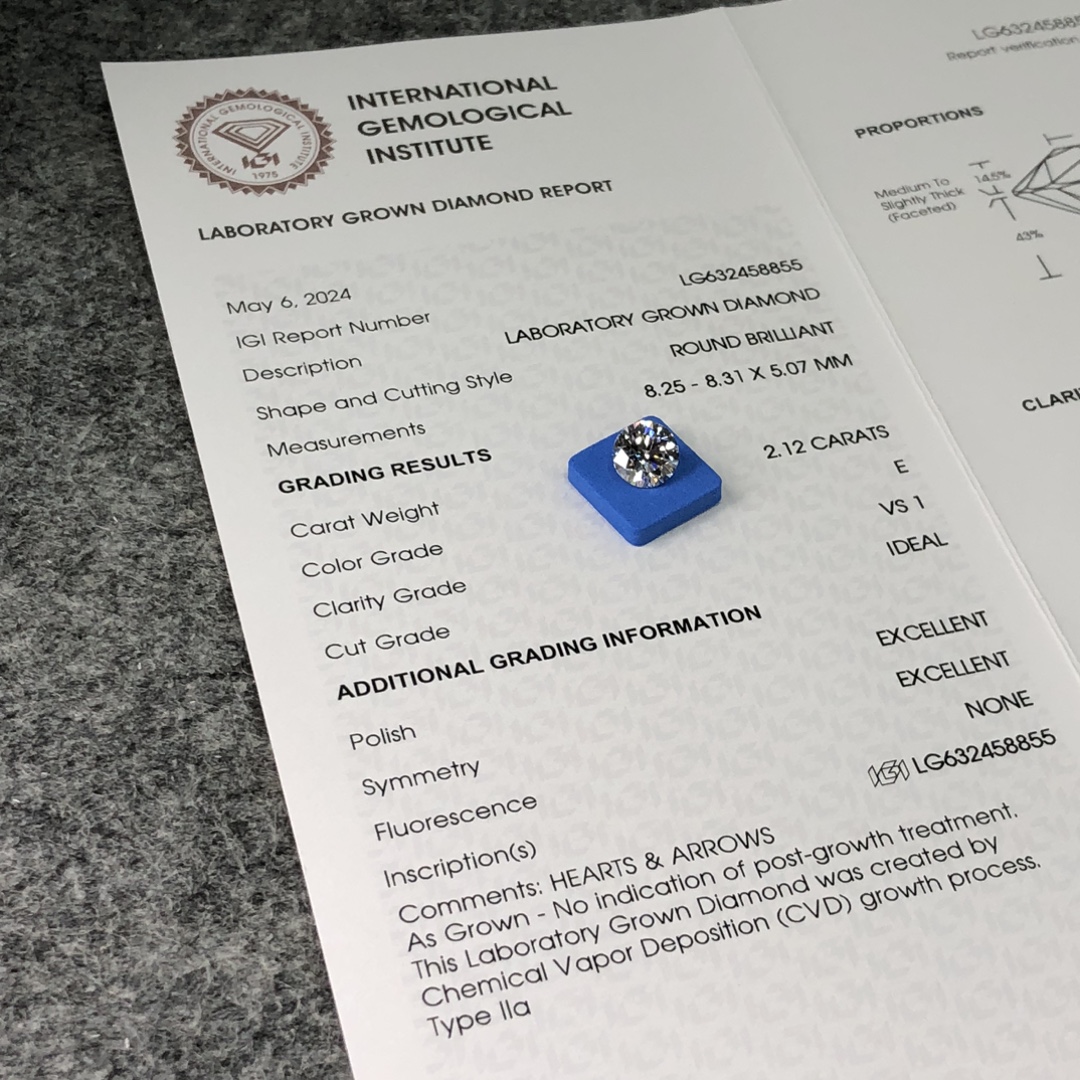 Kualiti 2.12CT E VS1 ID EX EX Round Cut Lab Diamond LG632458855 Sijil | Barang Kemas Messi 7