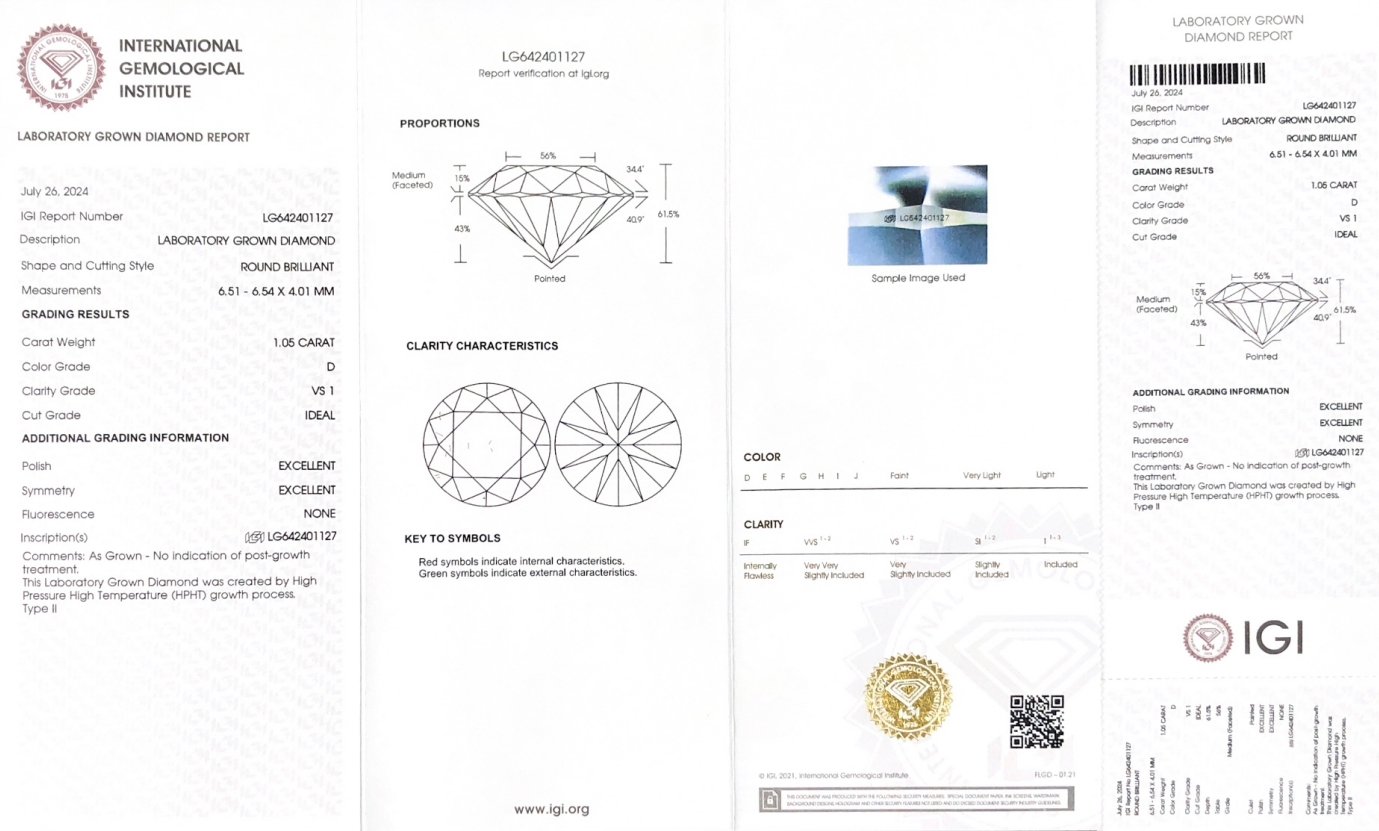 Round Cut Lab Diamond 1.05CT D VS1 ID EX EX HPHT LG642401127 Untuk Barang Kemas | Barang Kemas Messi 8