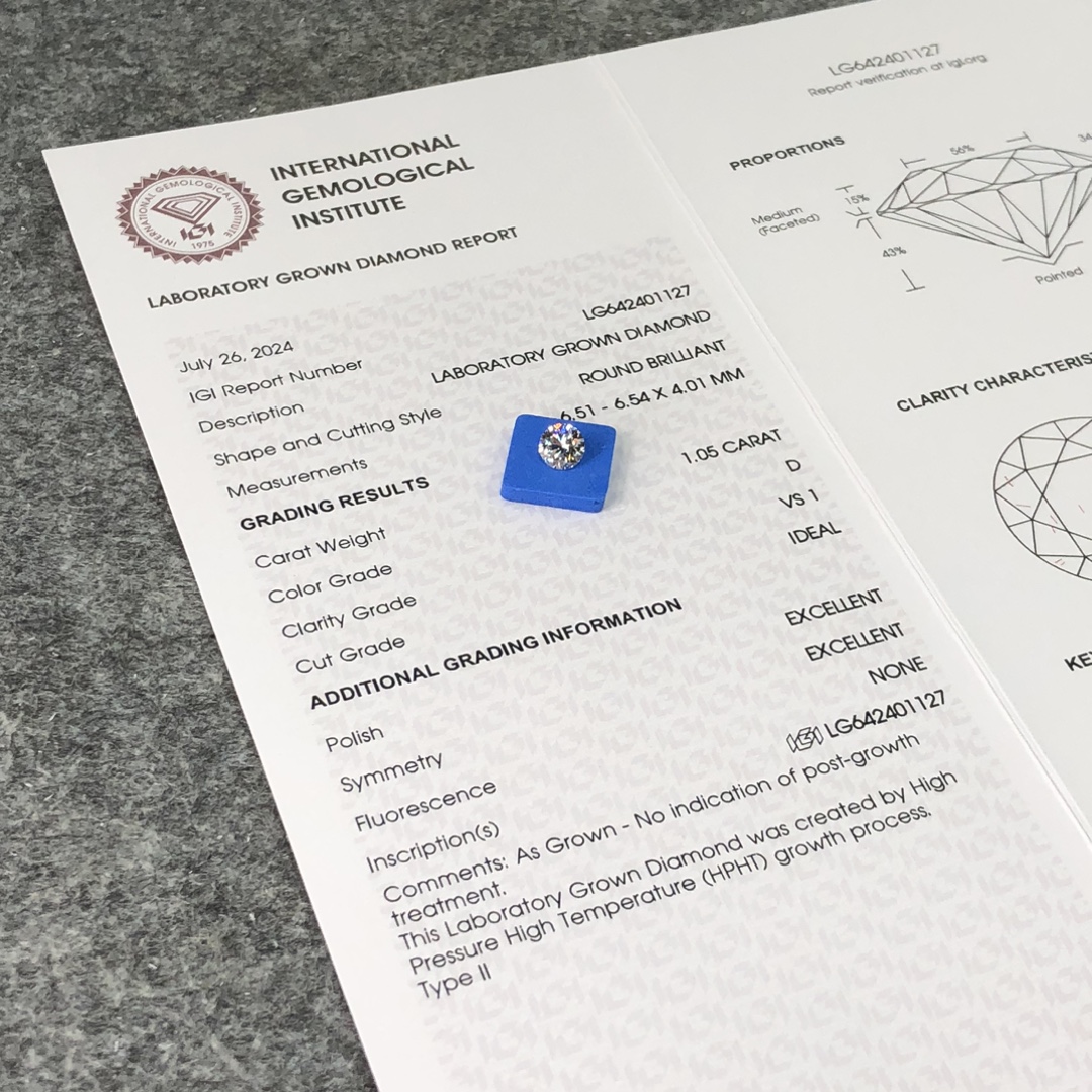 Round Cut Lab Diamond 1.05CT D VS1 ID EX EX HPHT LG642401127 Untuk Barang Kemas | Barang Kemas Messi 7