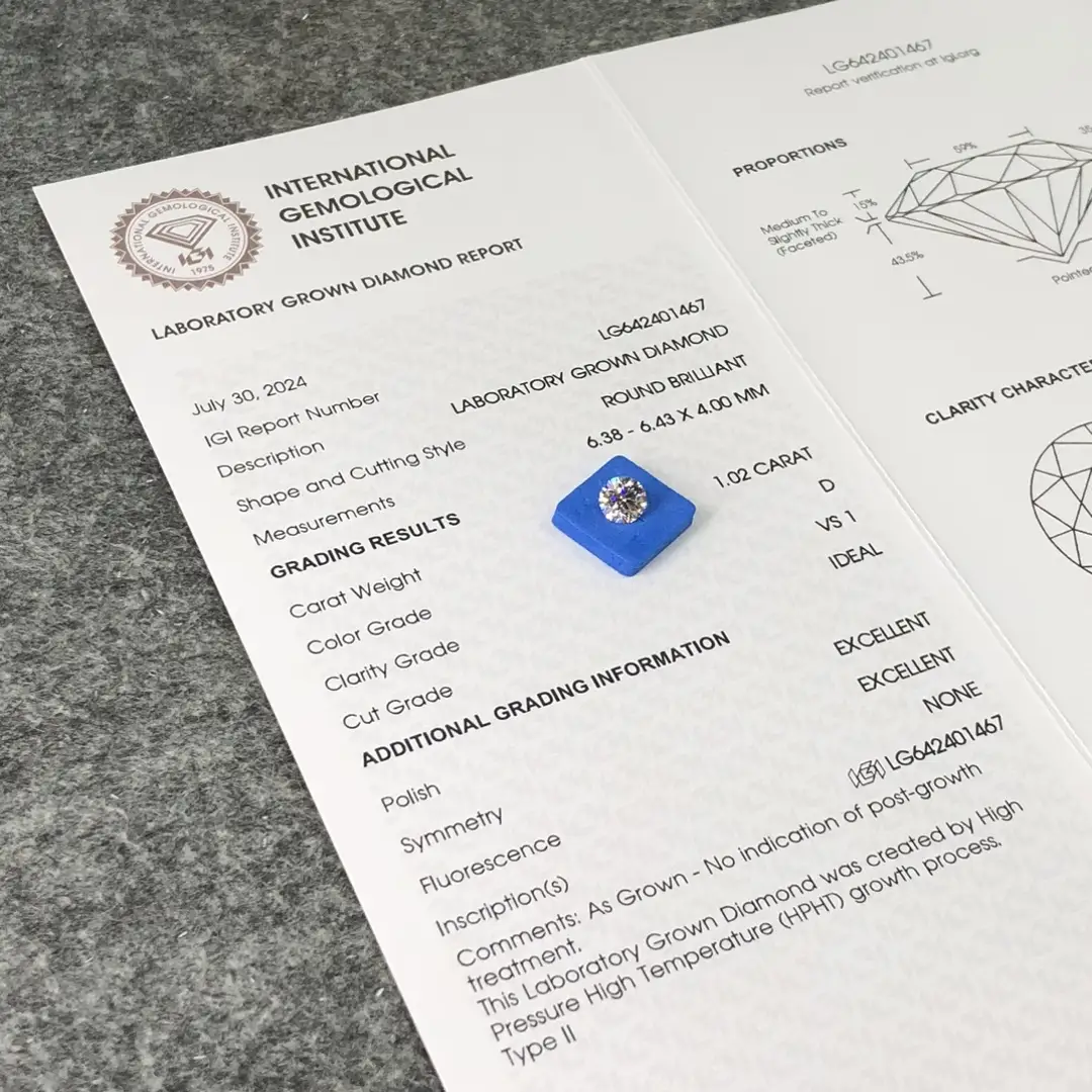 1.02CT Round Synthetic Diamond - IGI Certified 3